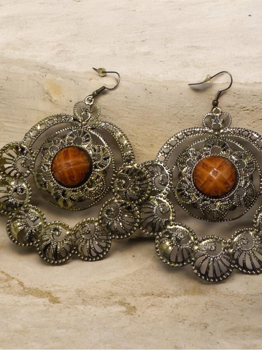 Vintage Silver-Tone Filigree Earrings with Amber Cabochon - Women Jewelry
